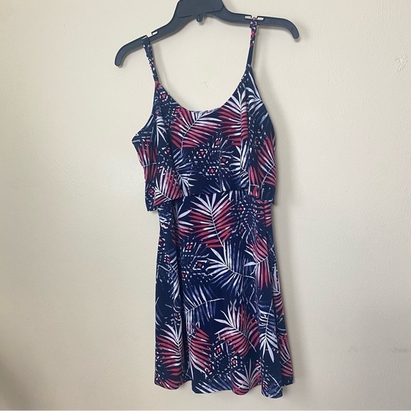 Women Express Red White Navy Palm Print/Tropical Summer Mini Dress Sz M - Picture 15 of 15